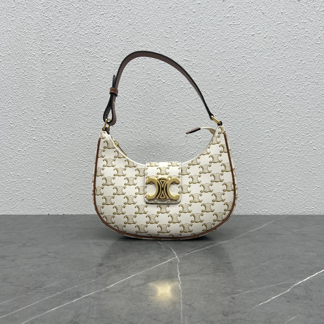 Celine Medium Ava Triomphe Bag In Triomphe Canvas And Calfskin Shoulder Bag White 114492